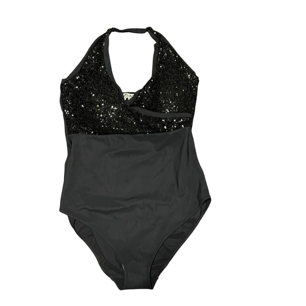 $394 Chiara Boni Black 1-Piece Swimsuit Sz 12 NWT Black Sequin Halter 32" PTP